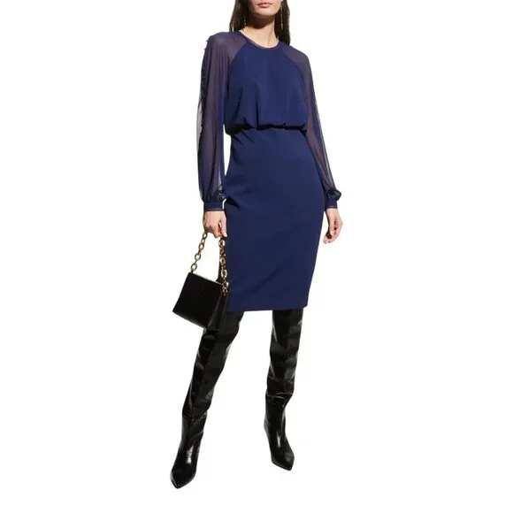 badgley mischka navy blue dress Badgley Mischka Off Shoulder Brooch Neck Gown- Navy – By Request main image 1